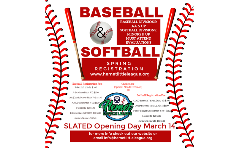 HEMET LITTLE LEAGUE SPRING SEASON REGISTRATION IS OPEN! 
