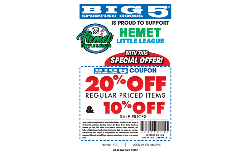 Big 5 Hemet Little League Coupon